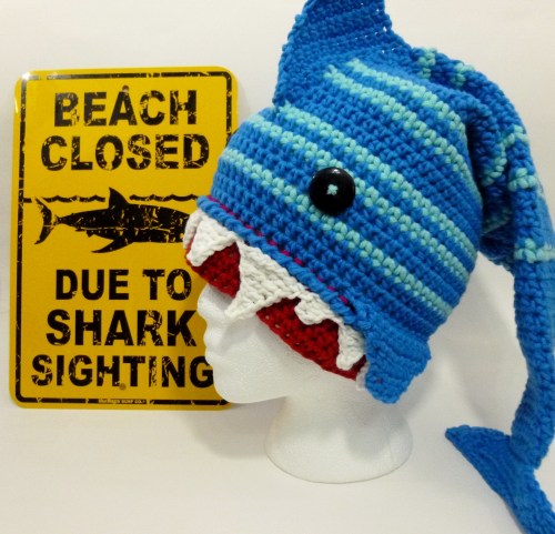 Shark hat crocheted by Darleen Hopkins https://crochetbydarleenhopkins.com/category/2014-chemo-hat-challenge/