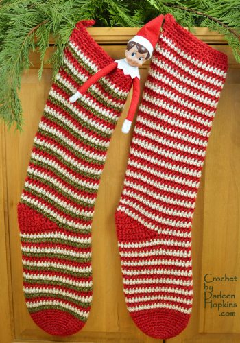 Elf on the Shelf hiding in Elf Socks, a Christmas Stocking crochet pattern by Darleen Hopkins #CbyDH
