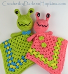 Crochet pattern for a baby lovey, alien Arnie and Annie