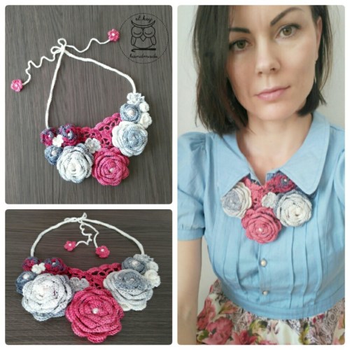 Crocheted necklace pattern, Roses in Bloom by Martina Gromova.